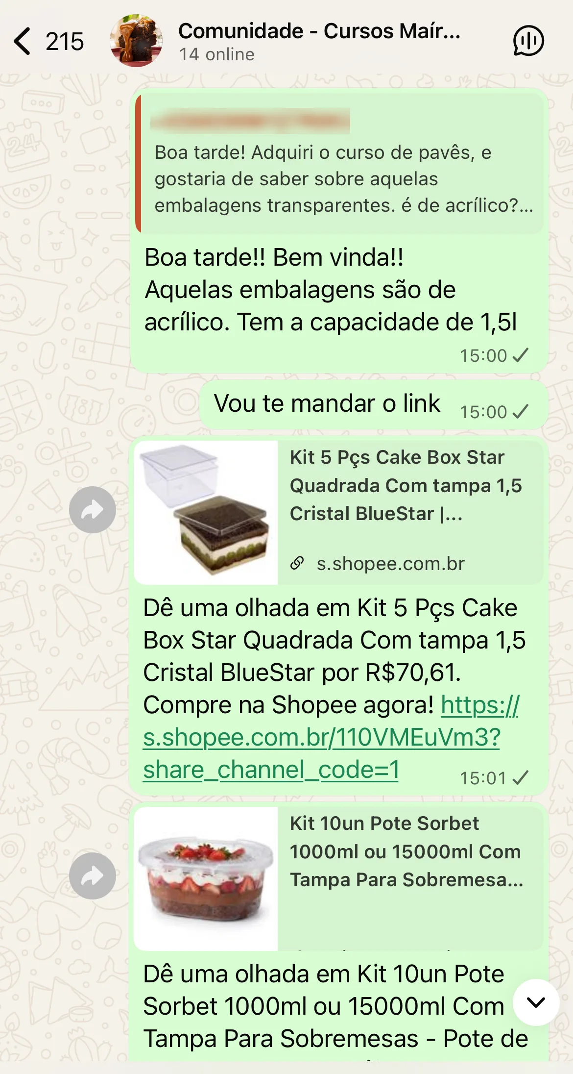 Print da comunidade exclusiva de alunos no WhatsApp